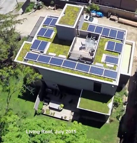 Aerial view solar biosolar photovoltaic with green roof