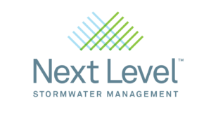 Next Level Stormwater Management logo in bold blue with logo above in blue and green