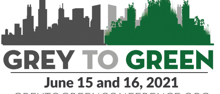 Grey to Green logo with dates June 15 and 16, 2021 and website URL https://greytogreenconference.org. Shows a city skyline from dark grey that turns to green.