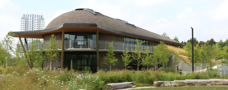A wide angle of he Alpine Meadow pre-vegetated intensive green roof system in the back creating a biodiverse rooftop meadow on the University of Toronto Scarborough Campus Indigneous House. The Alpine Meadow green roof is visible to people enter the building on the ground floor.